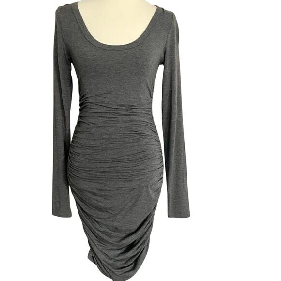 CLUB MONACO Ruched Body-Con Dress Scoop Neck Long sleeve Size XS X-Small Gray - Picture 4 of 10